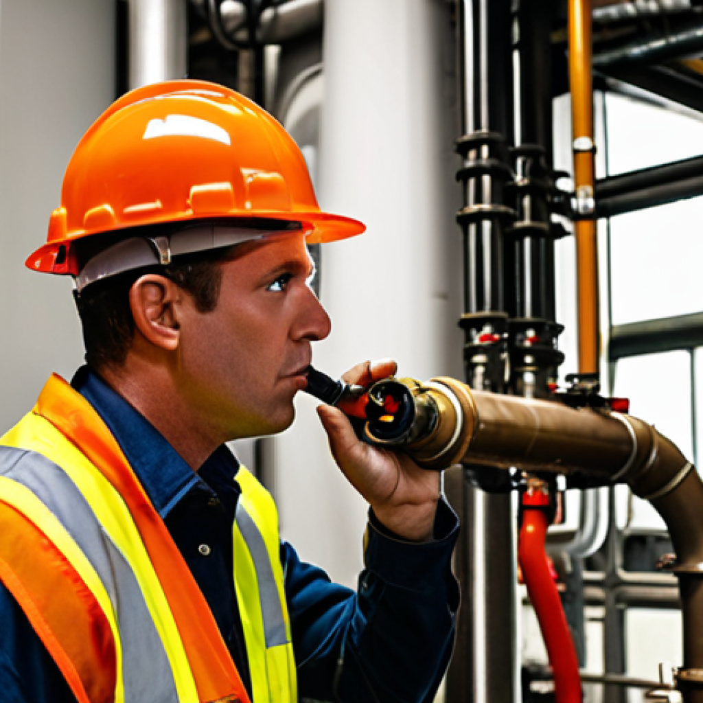 **Prompt:** A Fire Safety Manager in a hard hat and safety vest, meticulously inspecting a building's sprinkler system in a dimly lit boiler room, with various pipes and gauges visible. The scene has a focus on technical detail and preparedness.