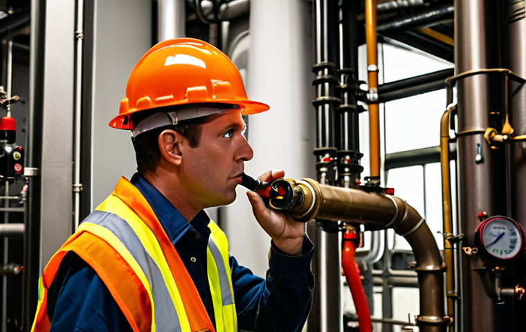 **Prompt:** A Fire Safety Manager in a hard hat and safety vest, meticulously inspecting a building's sprinkler system in a dimly lit boiler room, with various pipes and gauges visible. The scene has a focus on technical detail and preparedness.