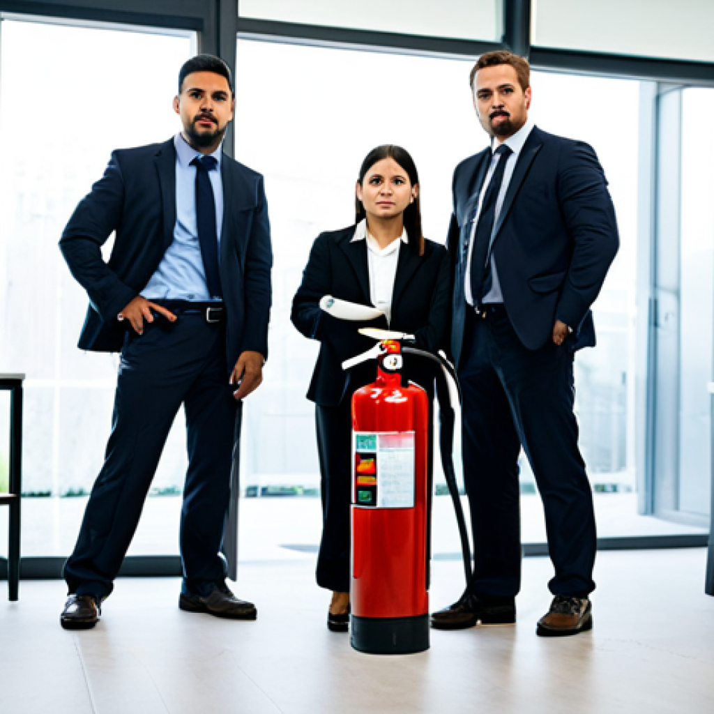 Emergency Response Training**
"A diverse group of employees participating in a fire safety training session, fully clothed, modest attire, in a modern office setting, demonstrating the proper use of a fire extinguisher, professional environment, safe for work, appropriate content, perfect anatomy, correct proportions, natural pose, well-lit, high-quality photograph, family-friendly."
**