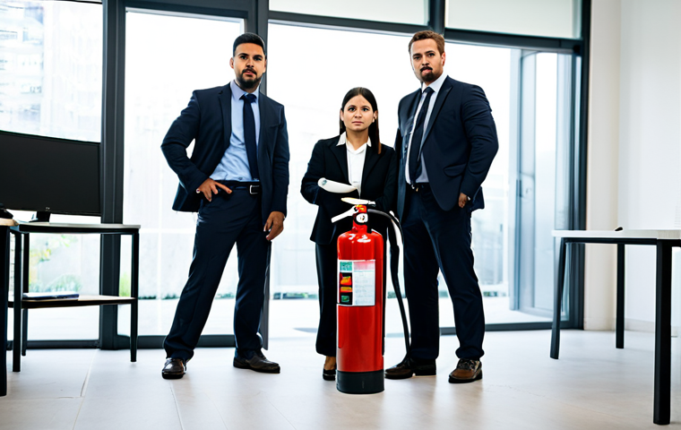 Emergency Response Training**

"A diverse group of employees participating in a fire safety training session, fully clothed, modest attire, in a modern office setting, demonstrating the proper use of a fire extinguisher, professional environment, safe for work, appropriate content, perfect anatomy, correct proportions, natural pose, well-lit, high-quality photograph, family-friendly."

**