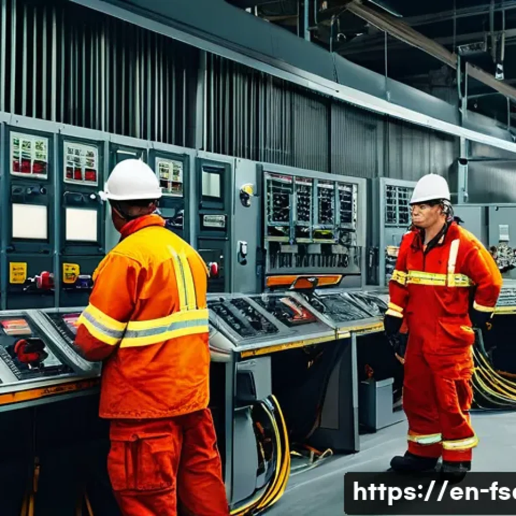 소방안전관리사와 관련된 사고 사례 - A modern manufacturing plant control room featuring a malfunctioning fire alarm system with exposed ...