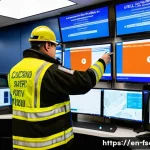 소방안전관리사 직무에 유용한 소프트웨어 - A high-tech fire safety control room featuring multiple large digital screens displaying real-time i...