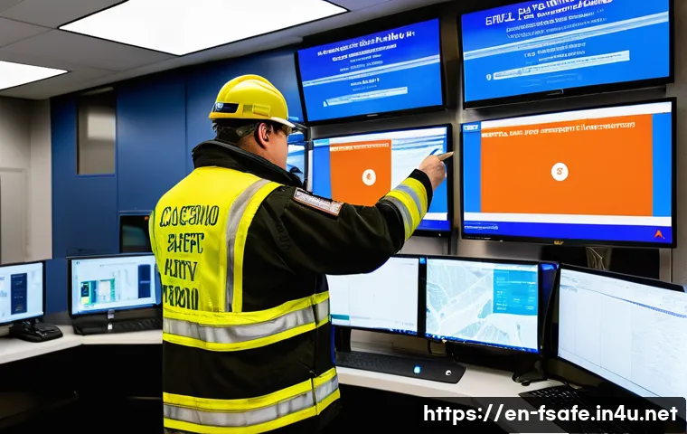 소방안전관리사 직무에 유용한 소프트웨어 - A high-tech fire safety control room featuring multiple large digital screens displaying real-time i...