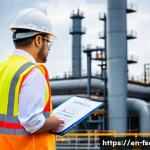 소방안전관리사 연봉 상승 비결 - A professional fire safety manager in a modern industrial setting, wearing a high-visibility safety ...