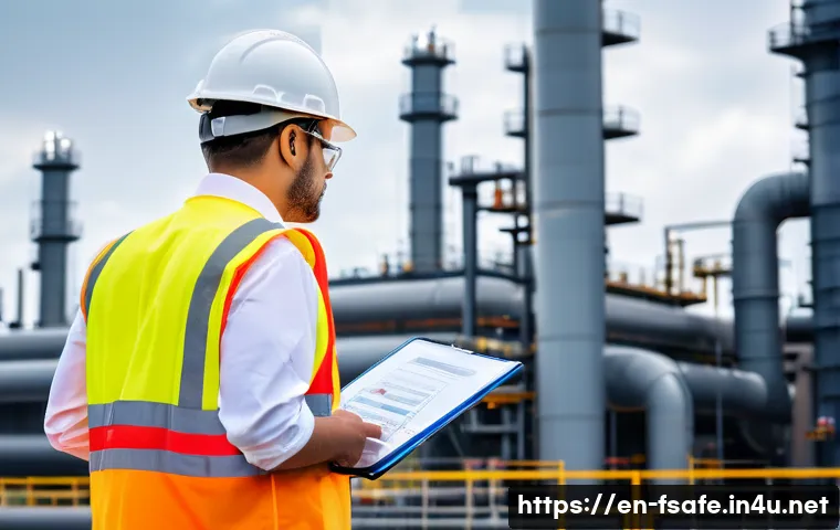 소방안전관리사 연봉 상승 비결 - A professional fire safety manager in a modern industrial setting, wearing a high-visibility safety ...
