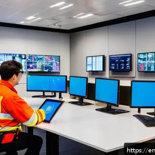 소방안전관리사 경력직 채용 정보 - A modern fire safety control room featuring a diverse team of professionals actively monitoring mult...