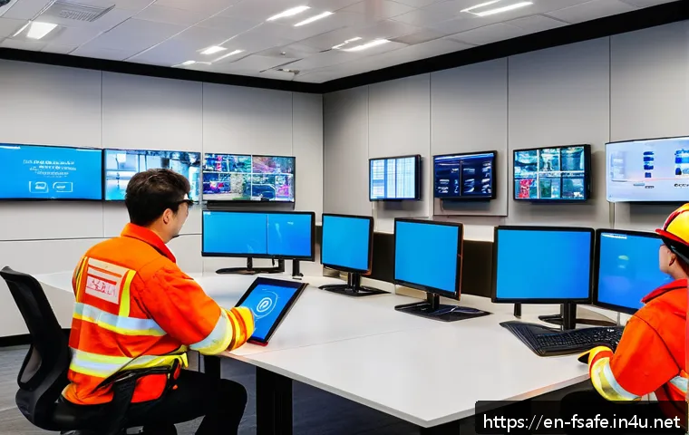 소방안전관리사 경력직 채용 정보 - A modern fire safety control room featuring a diverse team of professionals actively monitoring mult...
