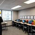 소방안전관리사 초보자를 위한 가이드 - A modern office environment with a diverse group of professionals conducting a fire safety drill. Th...