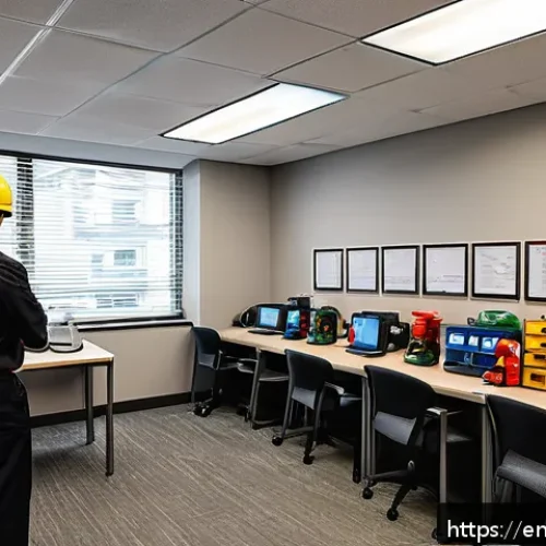 소방안전관리사 초보자를 위한 가이드 - A modern office environment with a diverse group of professionals conducting a fire safety drill. Th...
