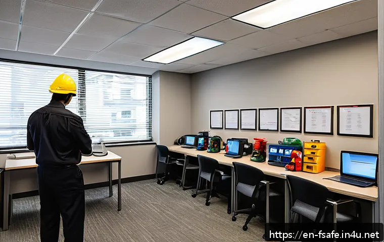 소방안전관리사 초보자를 위한 가이드 - A modern office environment with a diverse group of professionals conducting a fire safety drill. Th...