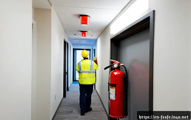 소방안전관리사와 실내 건축 방화 기준 - Photorealistic commercial interior safety inspection in a modern American office building, certified...